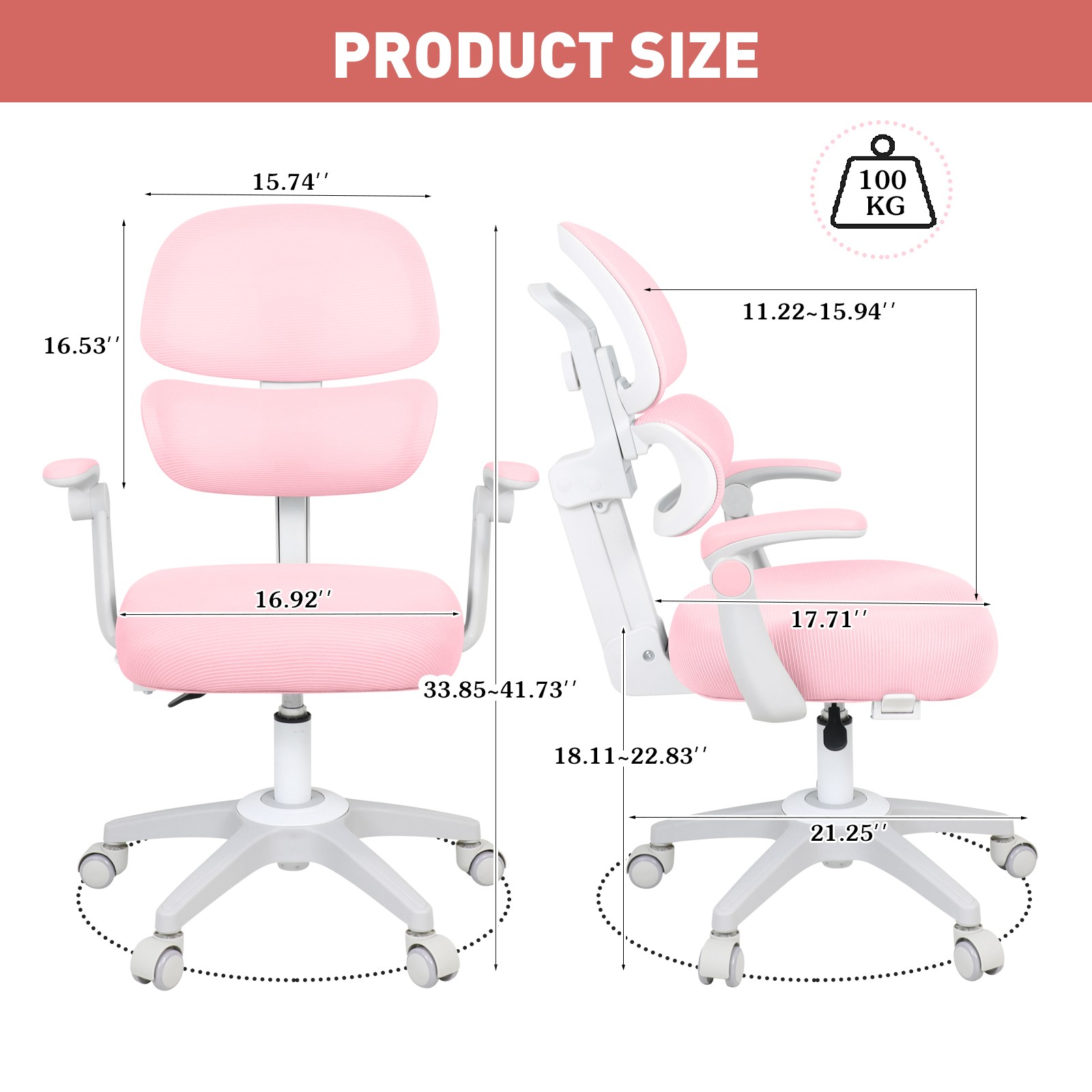 Pink/Gray Kids Study Computer Chairs Back-Following, Sit-Locking, 360° Casters