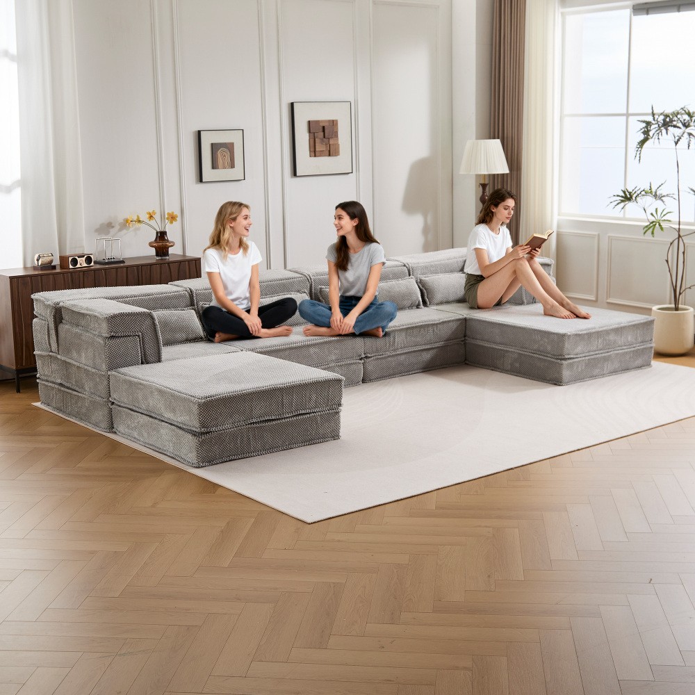 Convertible Floor Sofa Bed w/ 2 Ottomans - Light Grey Fleece - 4 Seat