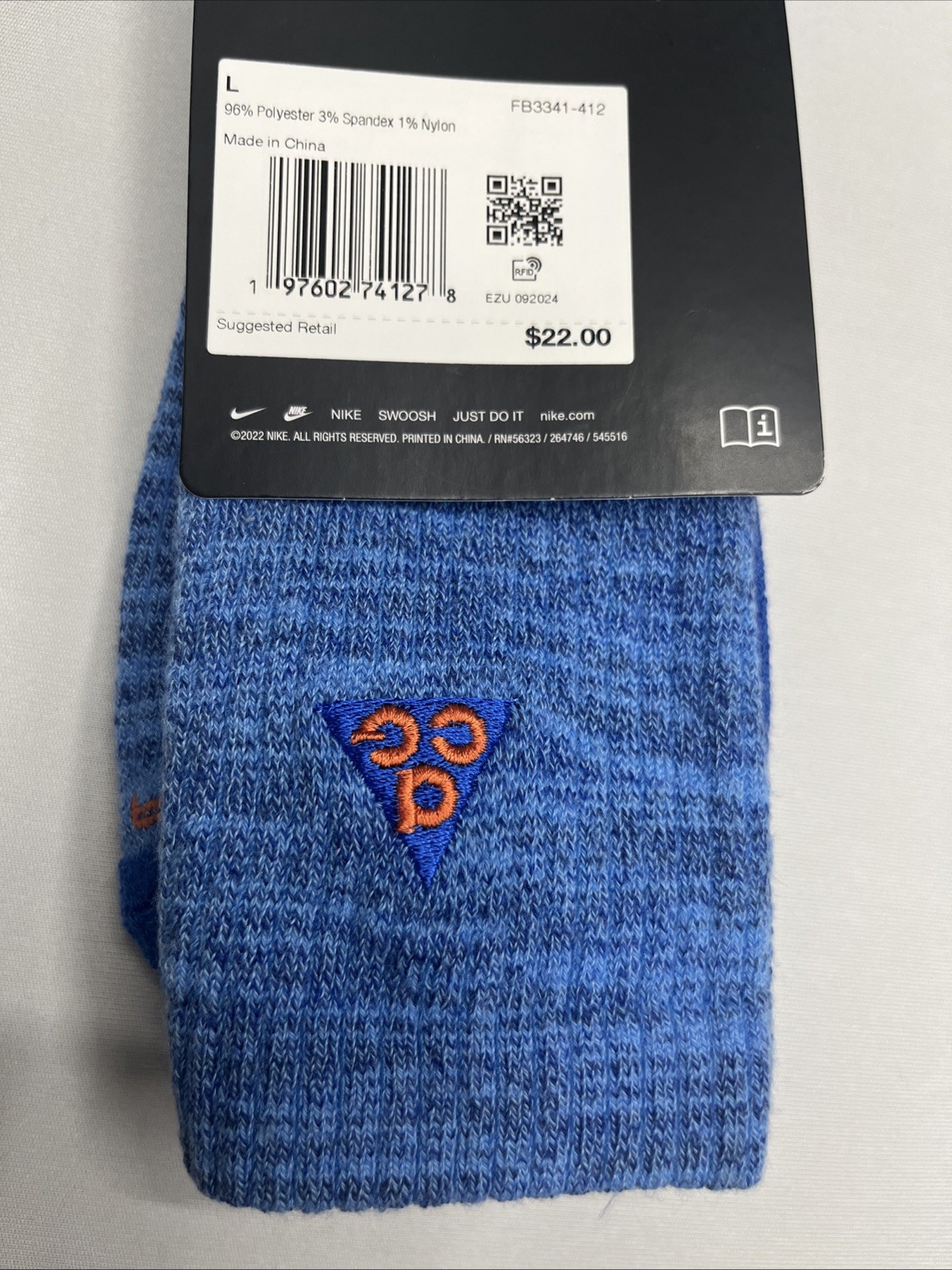NWT Nike ACG Unisex Everyday Cushioned Crew Socks Size Large (Blue/Orange Logo)