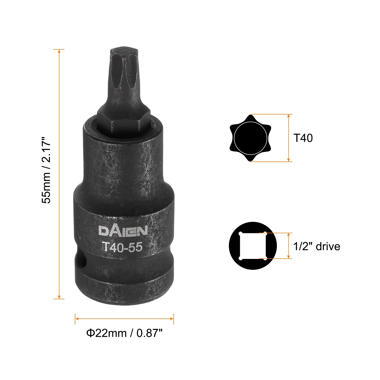 5pcs T40 Torx Bit Socket 55mm Length 1/2" Square Extension Impact Bit Black