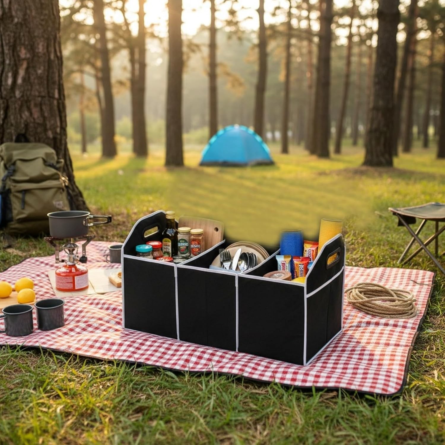 Car Trunk Organizer, Large Storage Bag with 3 Compartments, Portable Collapsible