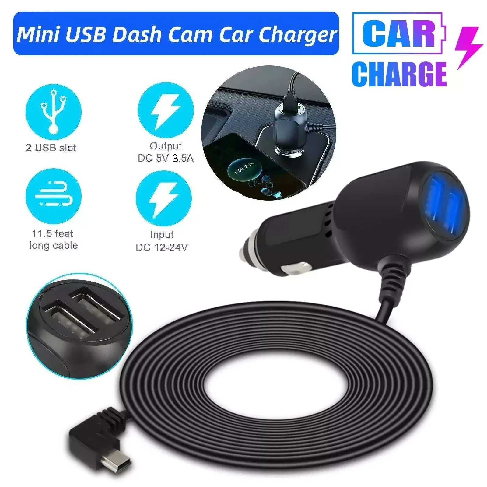 Secure USB Connection Car Charger Cable Power Cord Supply for Camera GPS