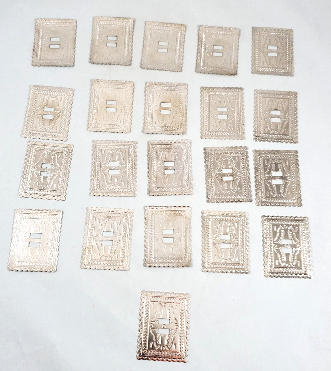 21 Rectangular Silver Tone Conchos Scalloped Slotted Leather Western Crafts Vtg
