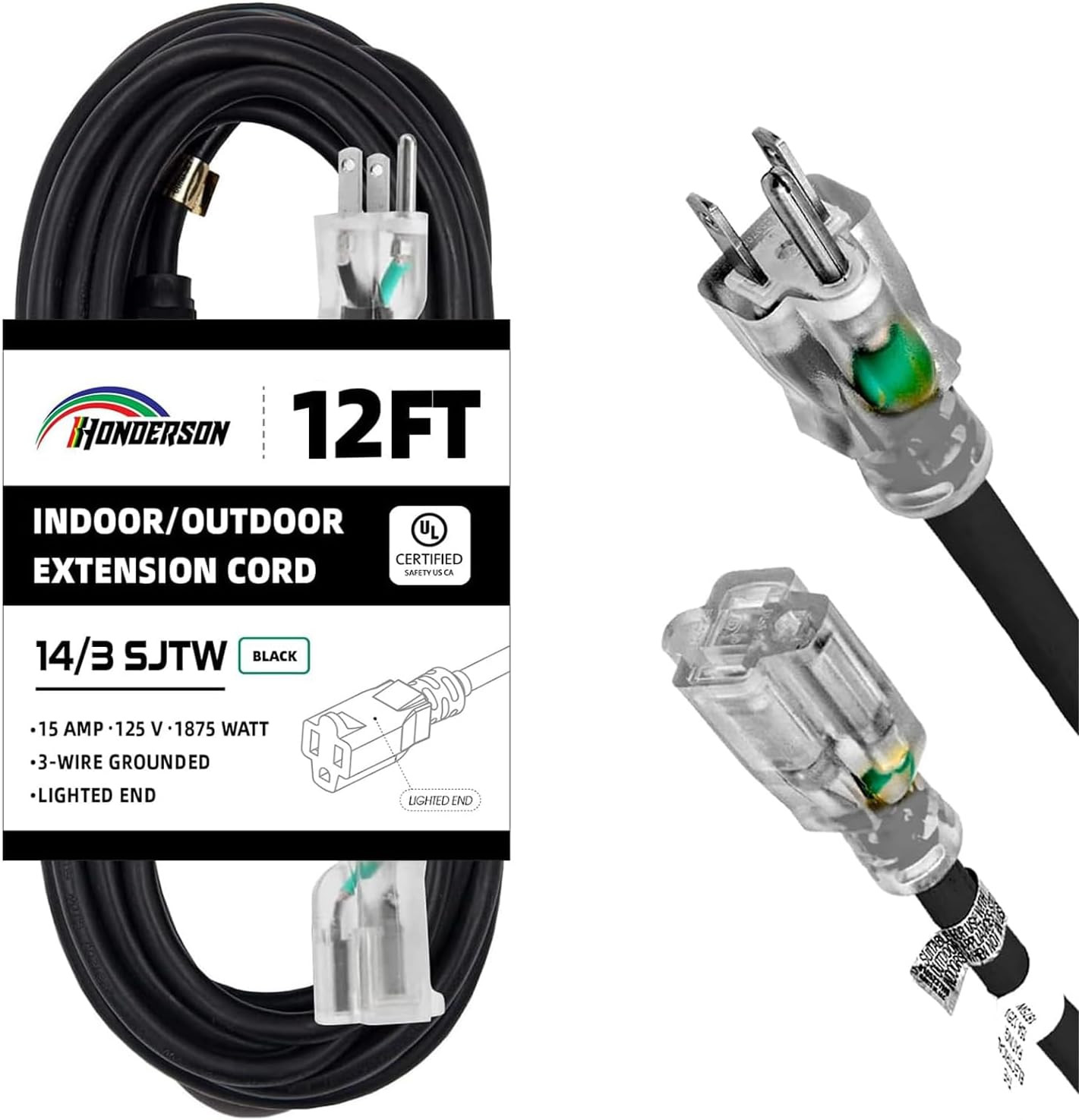 Indoor Outdoor Extension Cord Weatherproof with Lighted End, UL Certified, 14 Ga