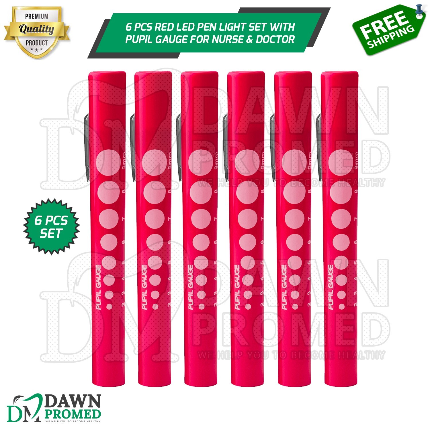6 Pcs Red LED Pen Light Set With Pupil Gauge for Nurse Doctor & Paramedics