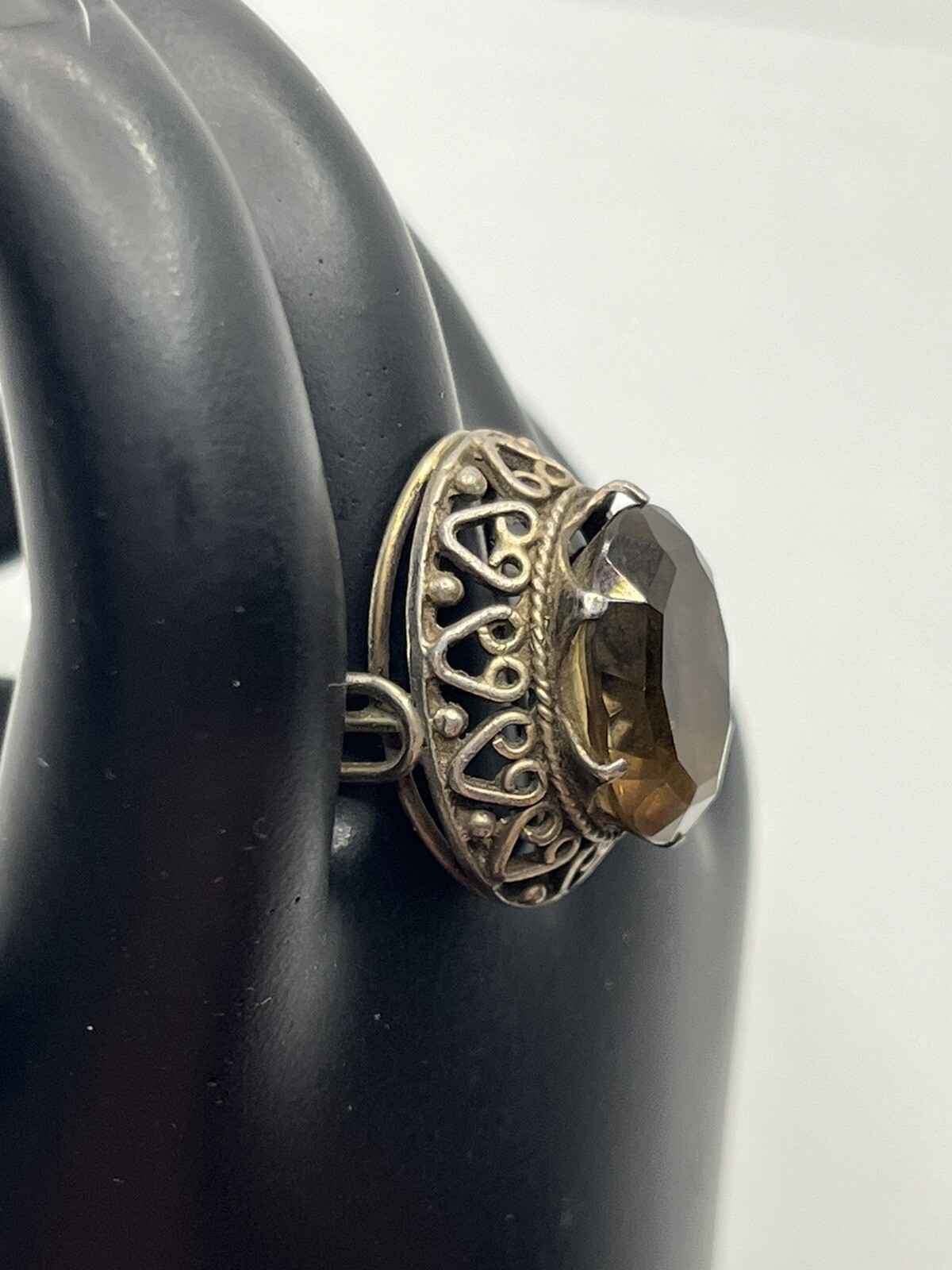 Handmade sterling silver large stone adjustable ring filigree heart details