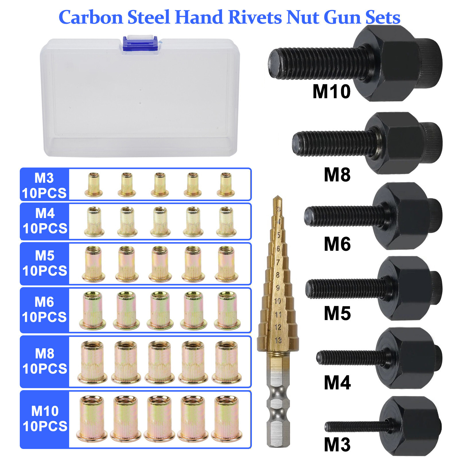 M3-M10 Rivet Nut Gun Head Nuts Easily Assemble Riveter Rivnut Tool Mandrel Kit