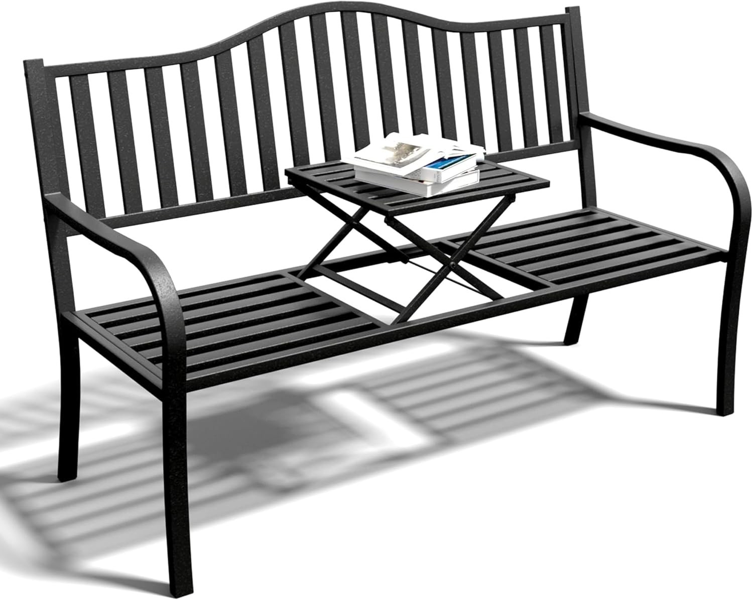 2 in 1 Metal Bench Patio Bench Outdoor Benches Weatherproof with Folding Table