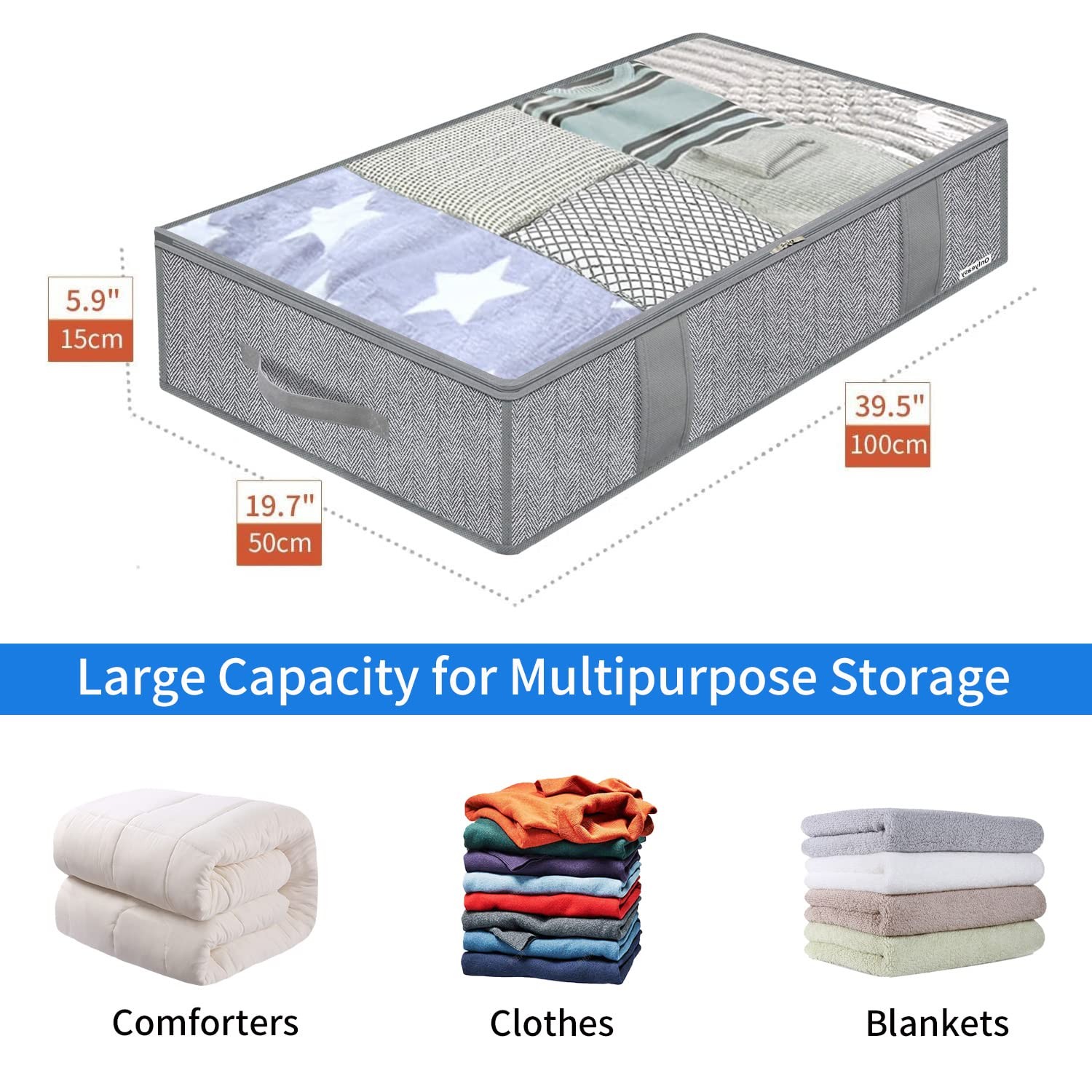 4 PCS 7MXRUBBP4 Herringbone Grey Foldable Fabric Underbed Storage Bags Bins