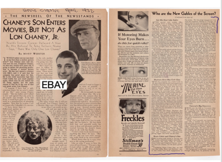 LON CHANEY JR. 1932 TWO ORIGINAL VINTAGE MOVIE CLIPPINGS #3 COMPLETE HORROR