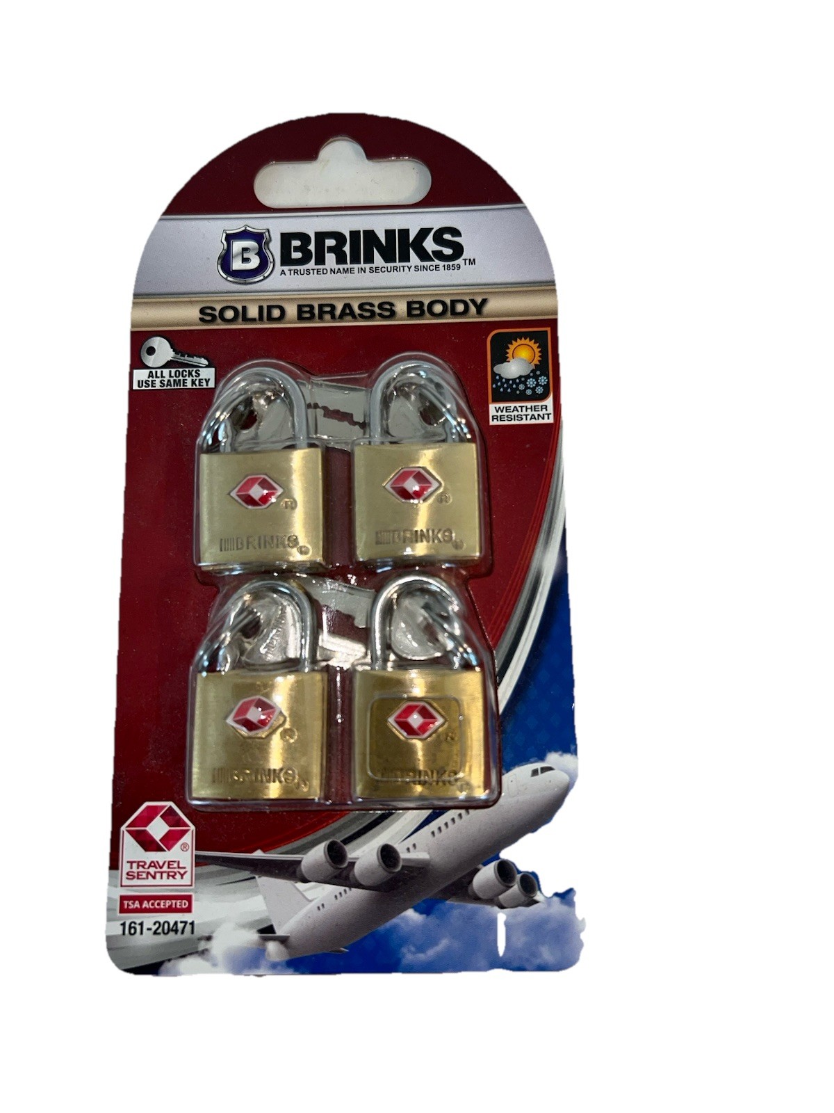 Brinks Solid Brass Body Locks. 4 Pack. Water Resistant. TSA Accepted.