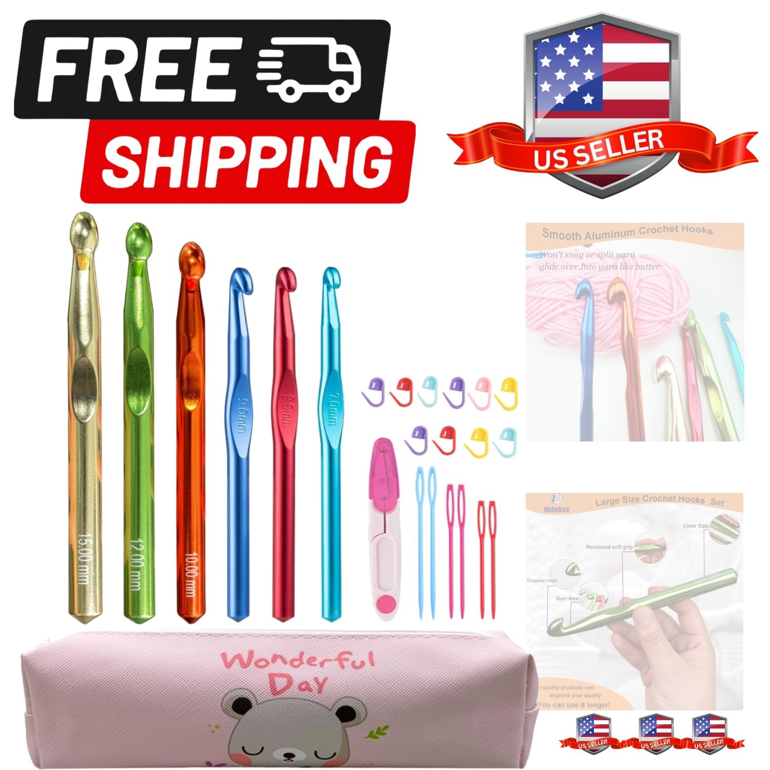 21pcs Huge Crochet Hook Set,Large Size 15mm 12mm 10mm 9mm 8mm 7mm Aluminum Cr...