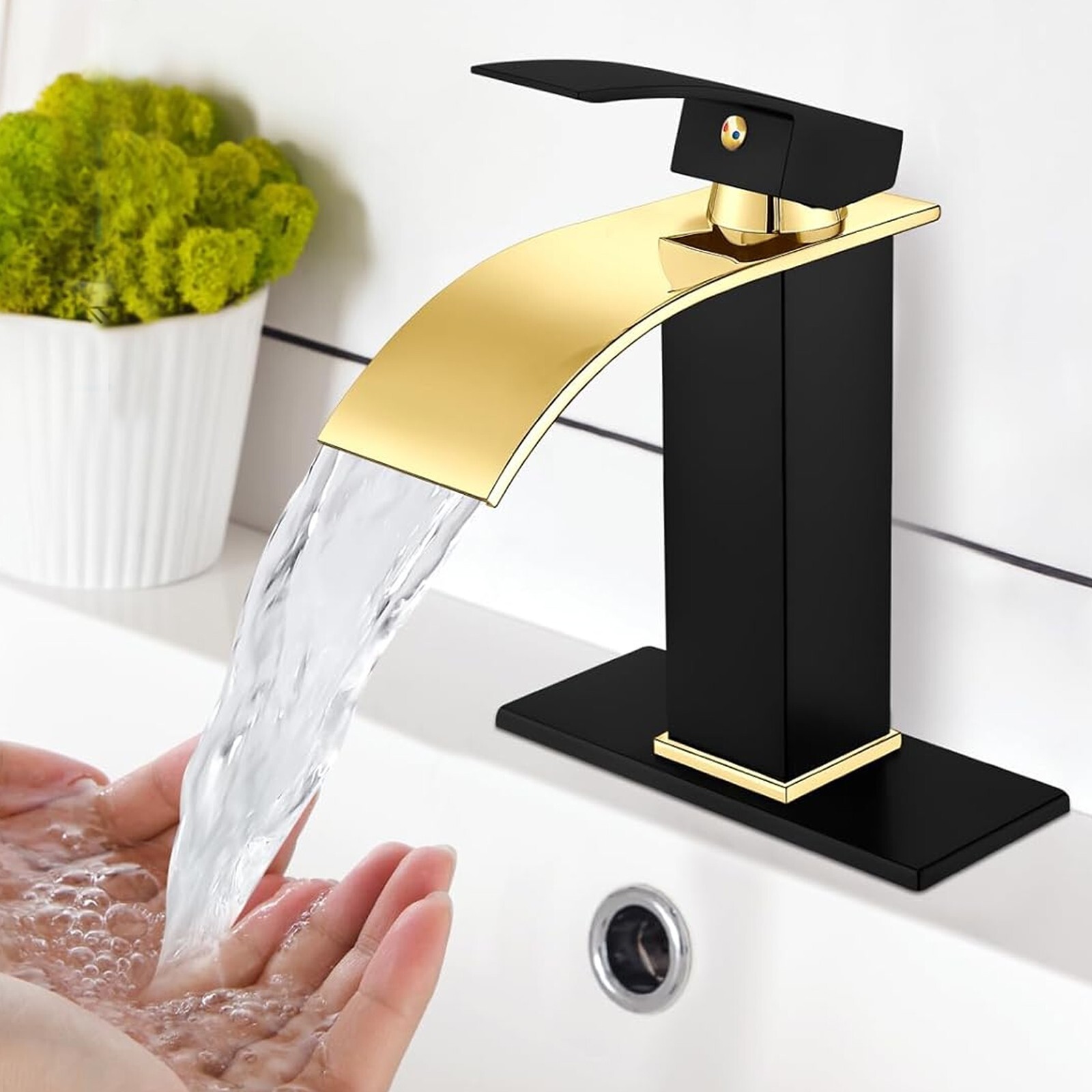 Bathroom Sink Faucet Waterfall Lavatory Vanity Faucet Single Handle Black&Gold