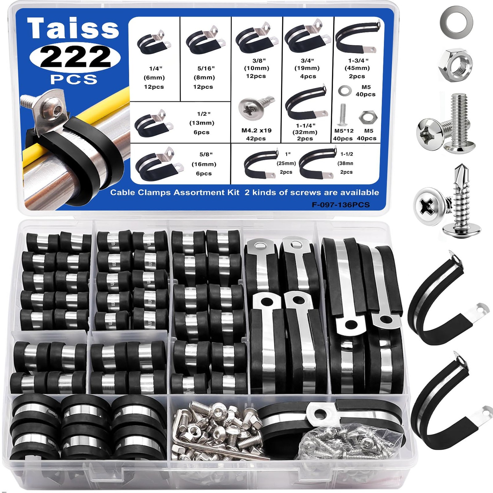 Taiss 222PCS Cable Clamps Assortment Kit 304 Stainless Kit, 136pcs