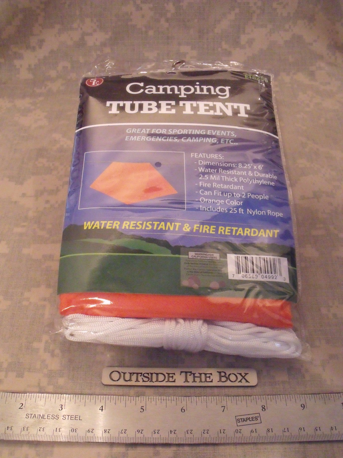 Emergency/Survival:  Tube Tent, Orange, 2-Person w/25' Nylon Line, SE ET8256