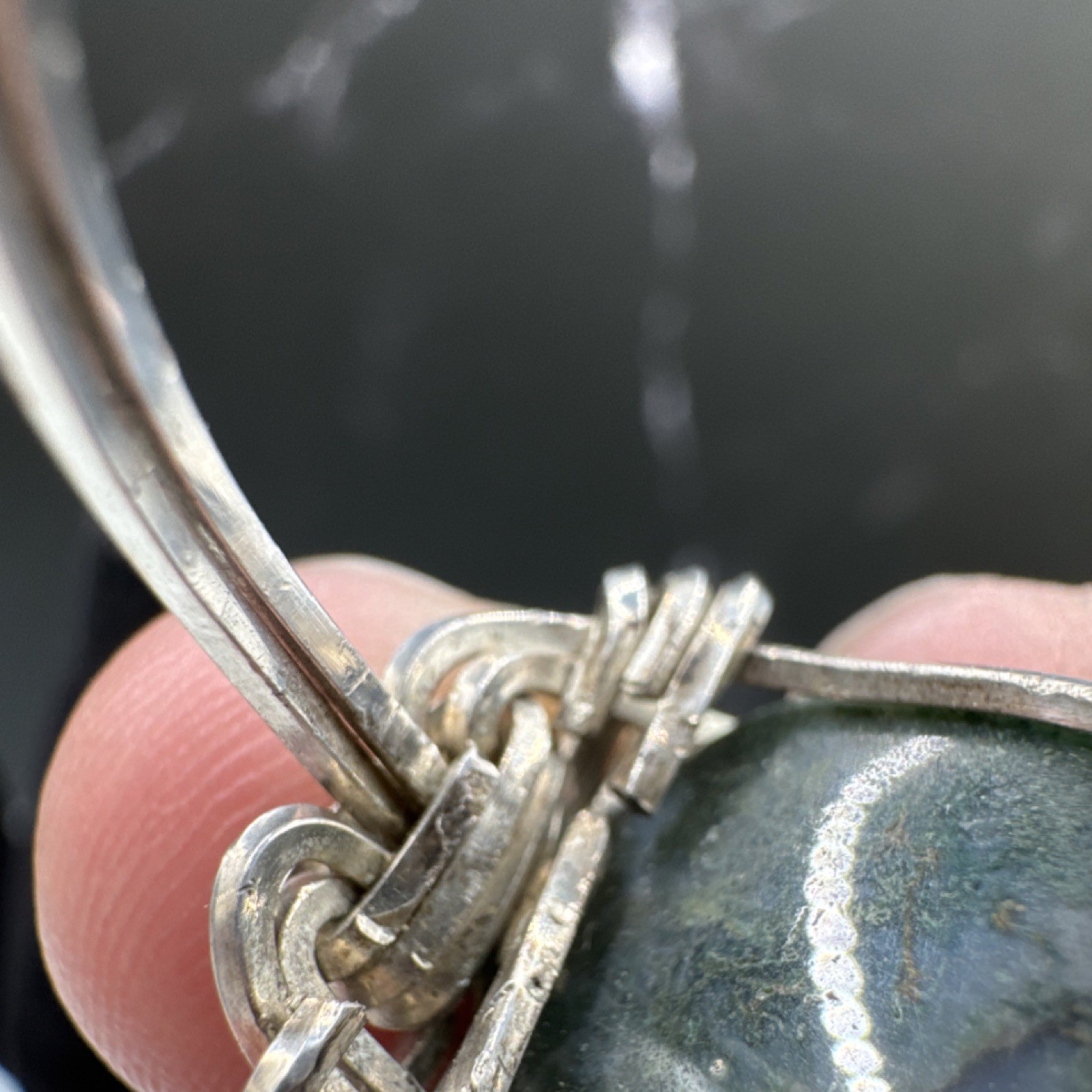 Vintage Handcrafted Silver Wire Wrapped Green Agate Cabochon Ring Size 8