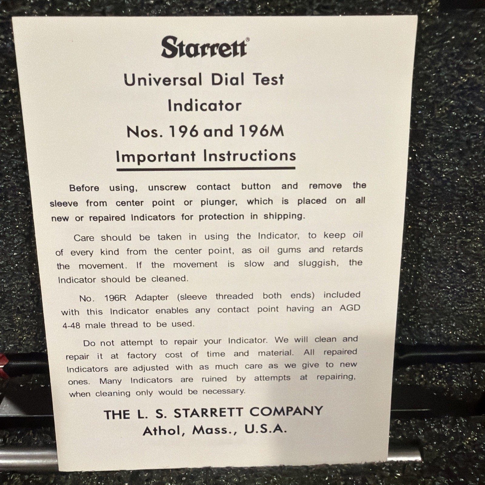 NEW IN BOX! Starrett DIAL TEST INDICATOR 196A5Z