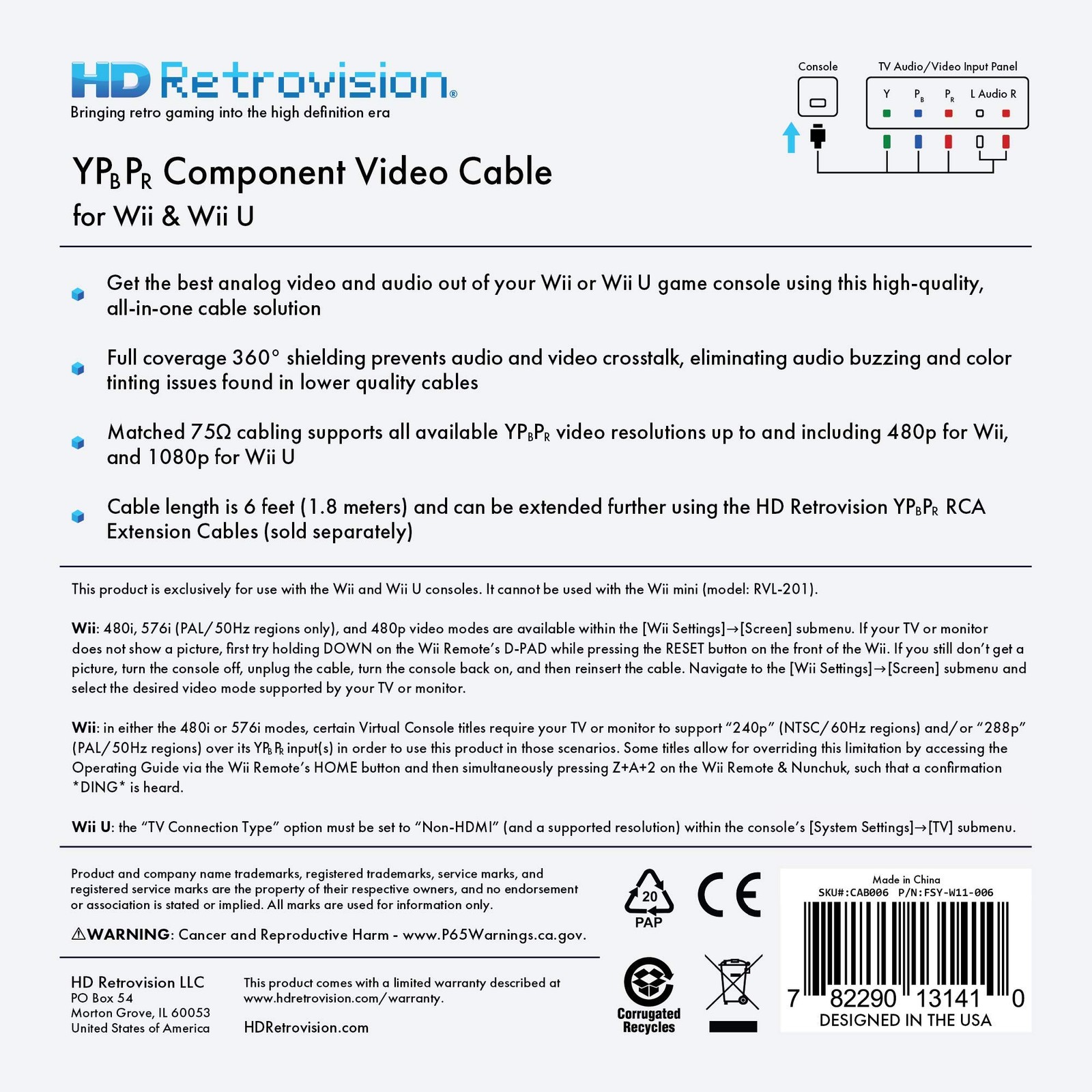 Component Video Cable Premium YPbPr for Wii/Wii U HD Retrovision