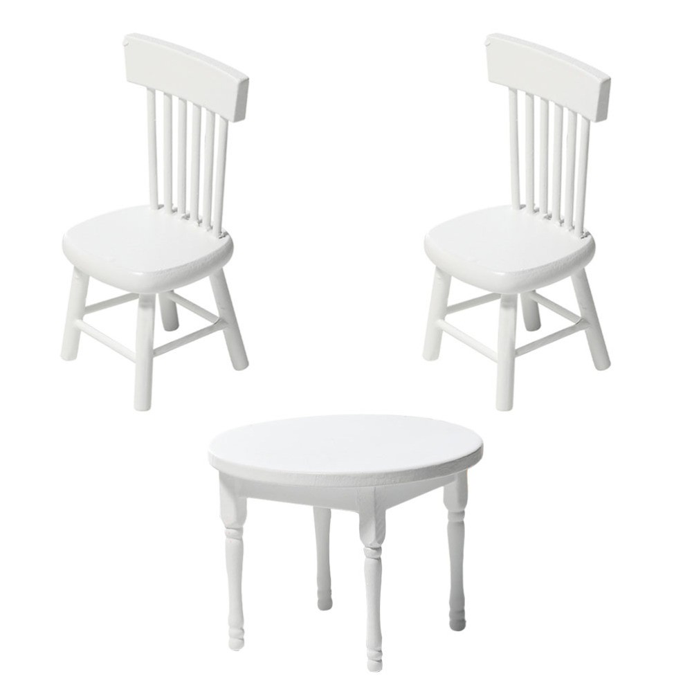 1Set Wooden Mini Furniture Model White Mini Table Chair Set for Miniature Scene