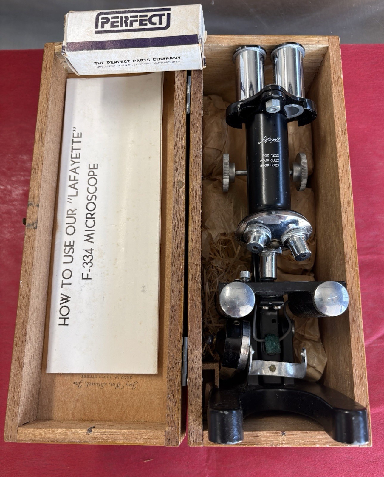 Lafayette F-334 80X-600X Zoom Microscope in Wood Box w/Kit and Slides