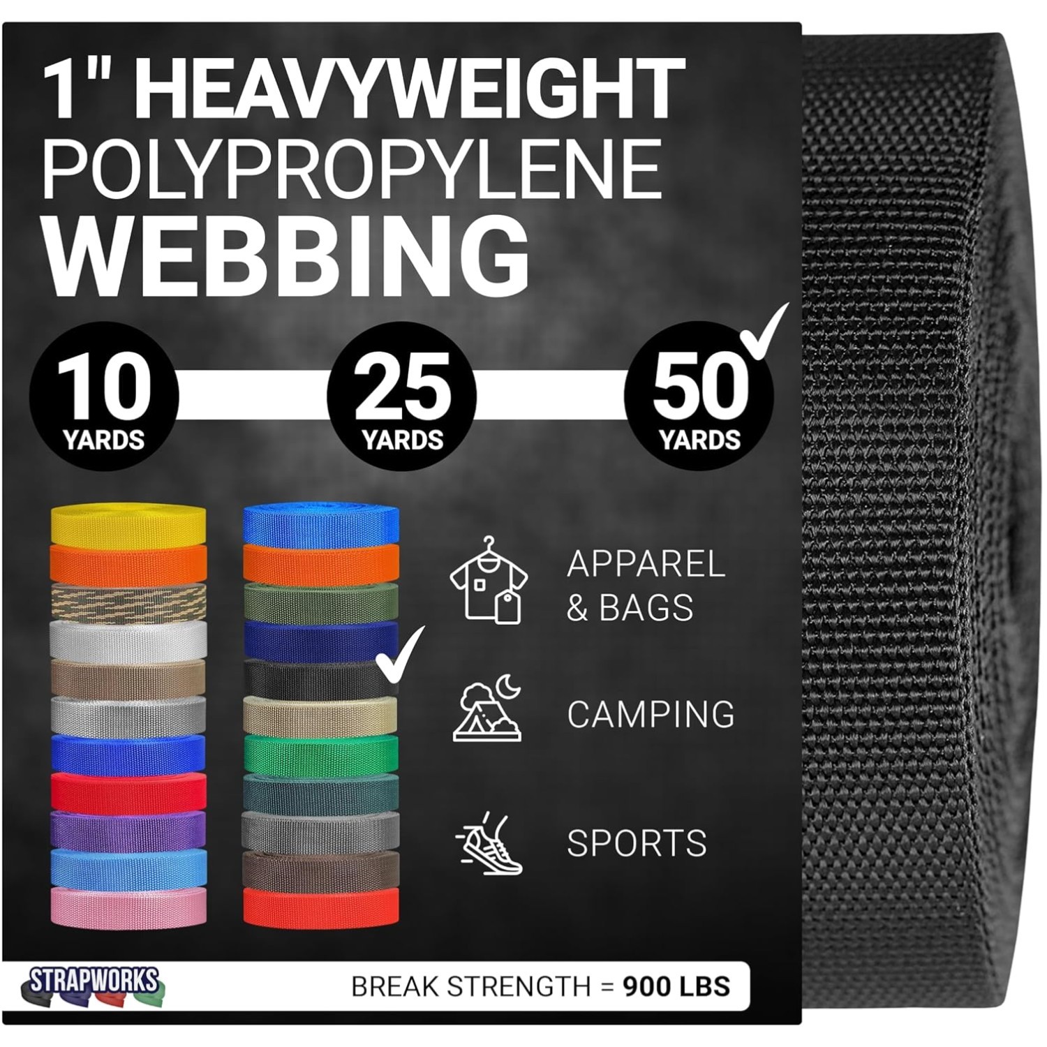 Durable 1" Heavy Duty Polypropylene Webbing - 900 lb  Strength for Crafts
