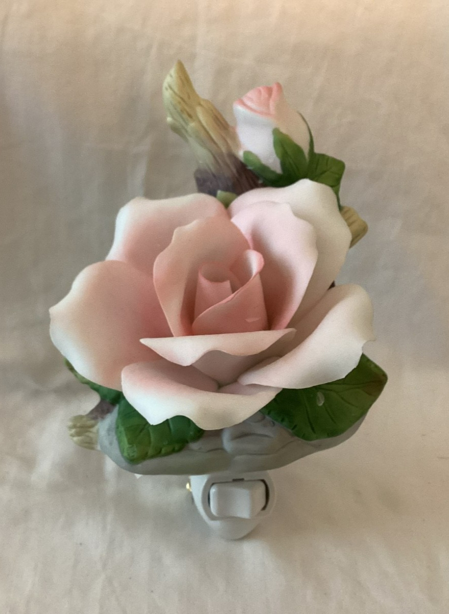 Porcelain Pink Rose Plug In Shabby Chic Night Light - Soft Delicate Light
