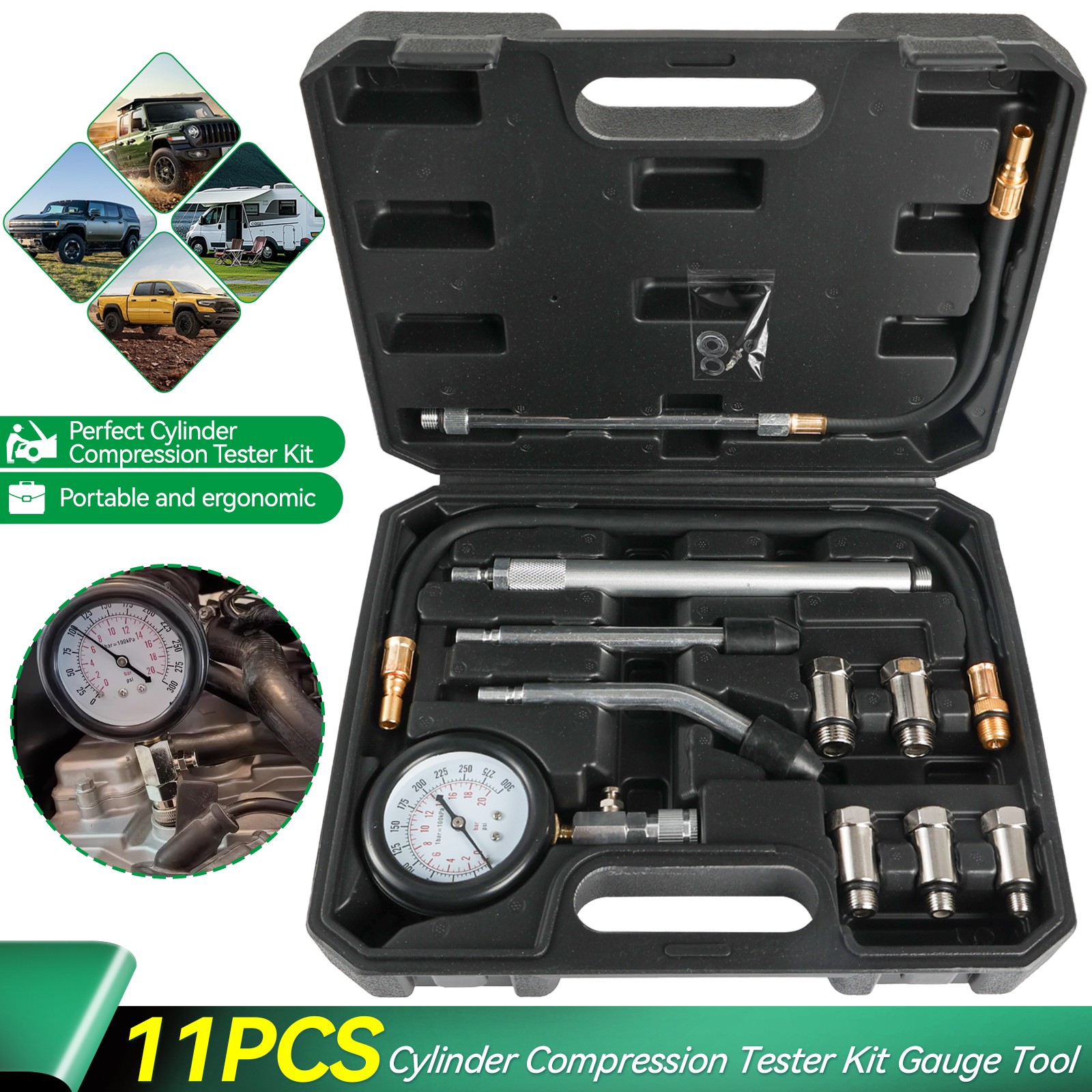 11Pcs Cylinder Compression Gauge Tester Kit Gas Engine Diagnostic Testing Tool