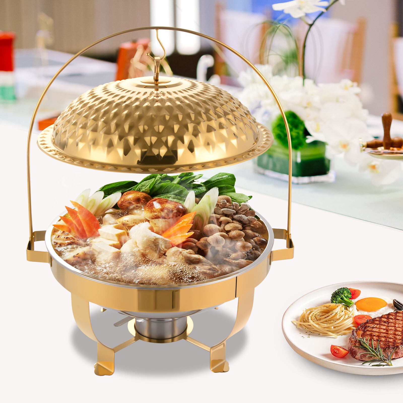 8L Stainless Steel Gold Chafing Dish Buffet Food Warmer with Alcohol Burner