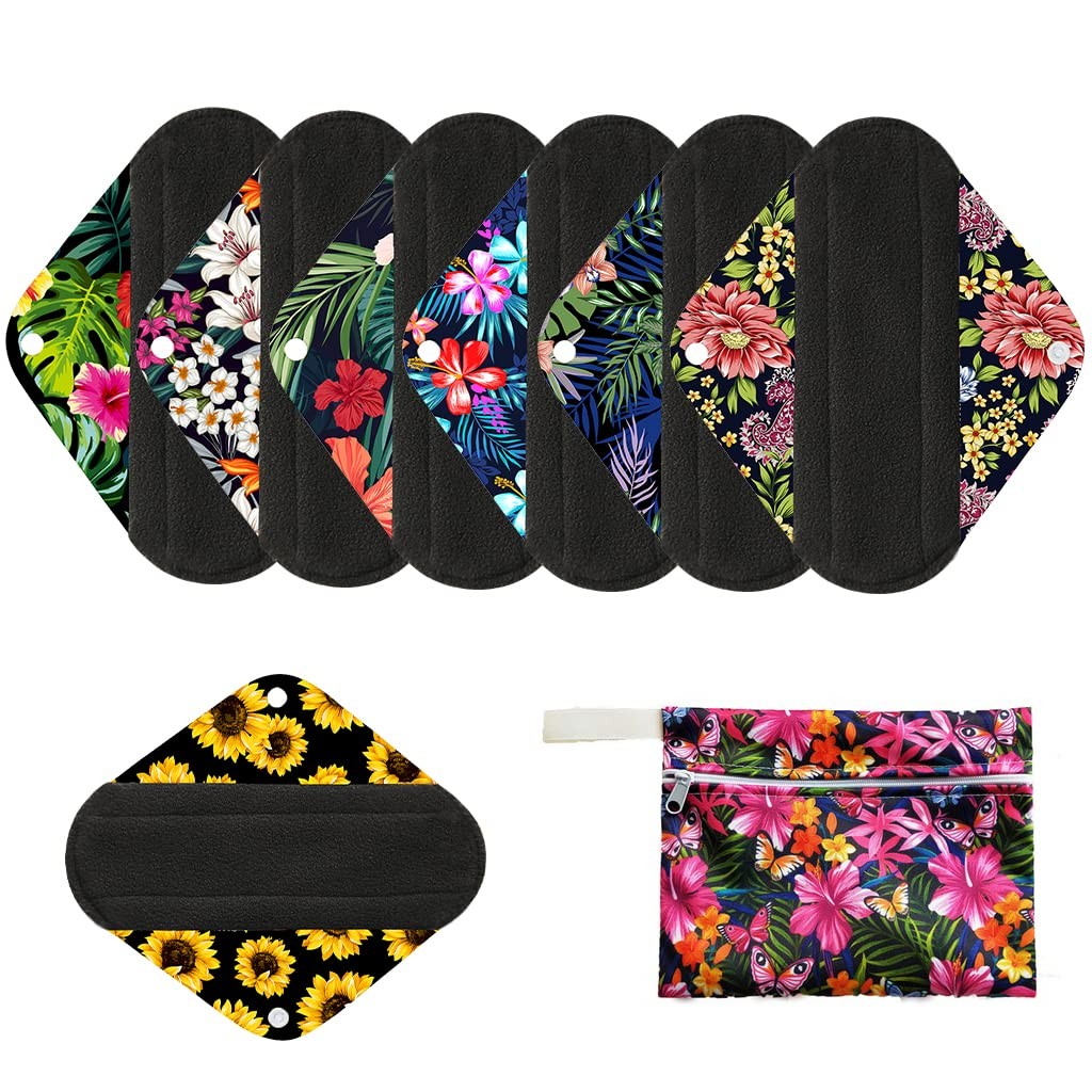 7pcs/Set Reusable Menstrual Pads Including 1pc Mini Wet Bag +6pcs Bamboo Char...