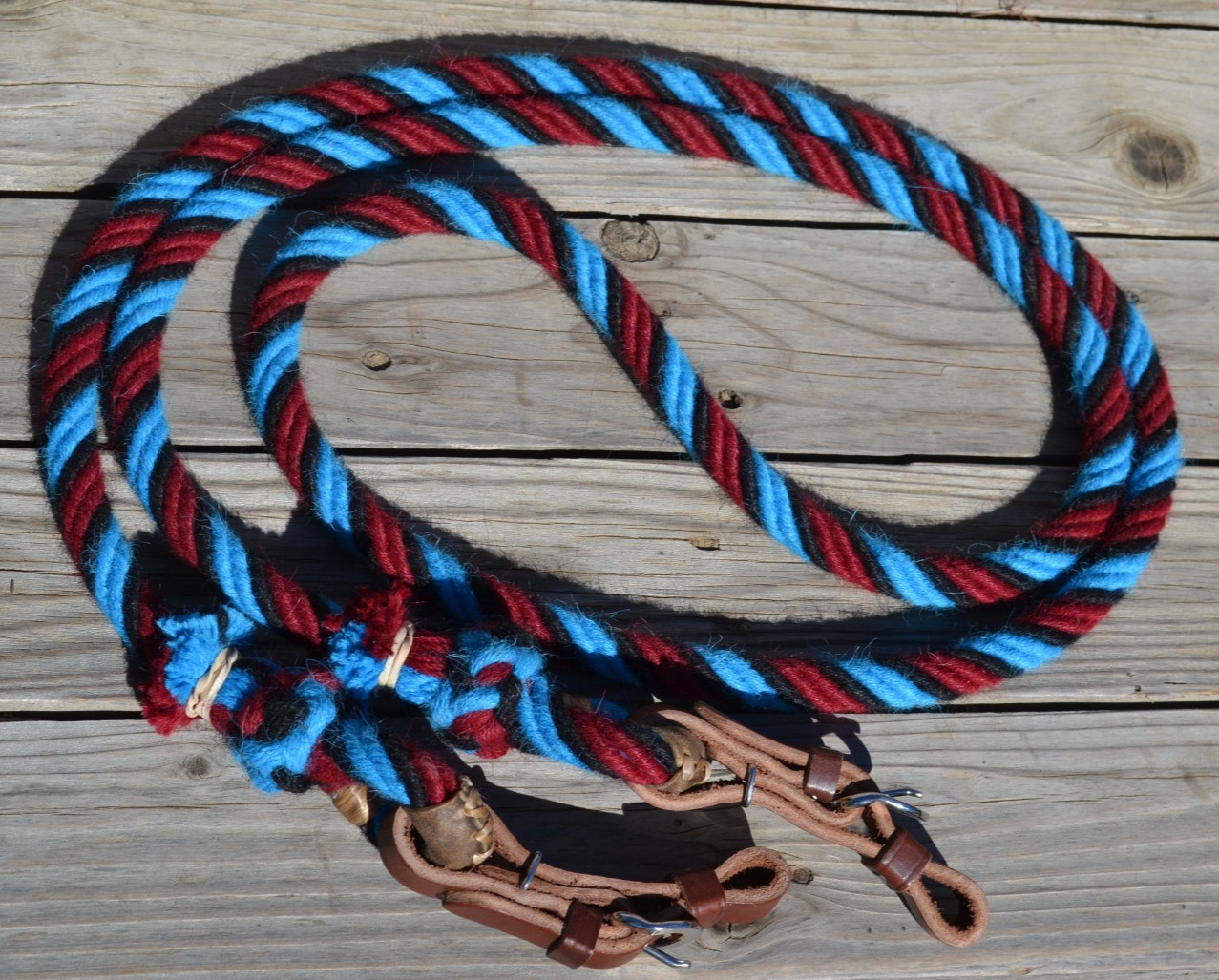 5/8" Alpaca Loop Roping / Trail Reins w/Leather - 7ft - Turquoise/Wine/Blk