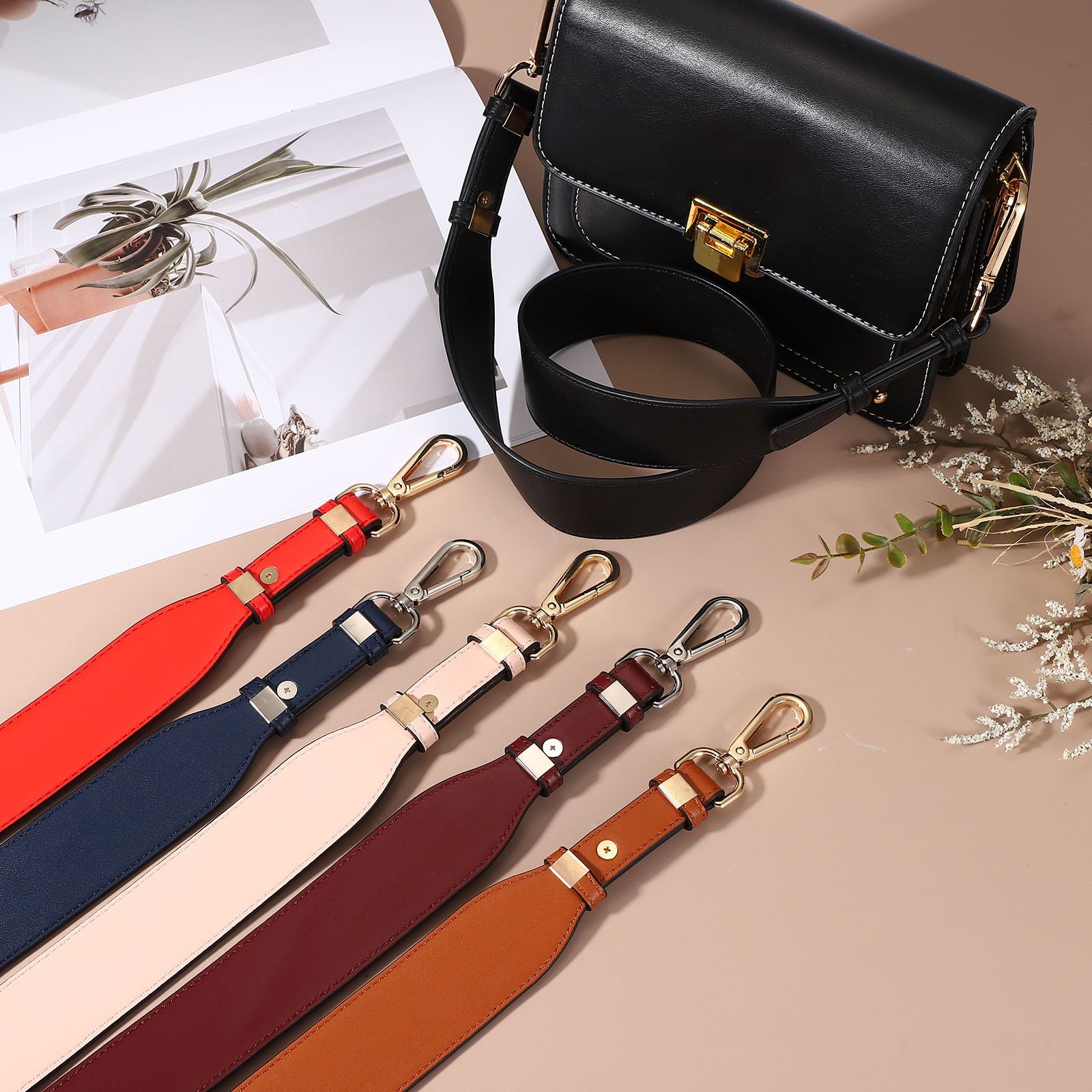 Leather Purse Strap Replacement Crossbody Adjustable Bag Strap Black Gold