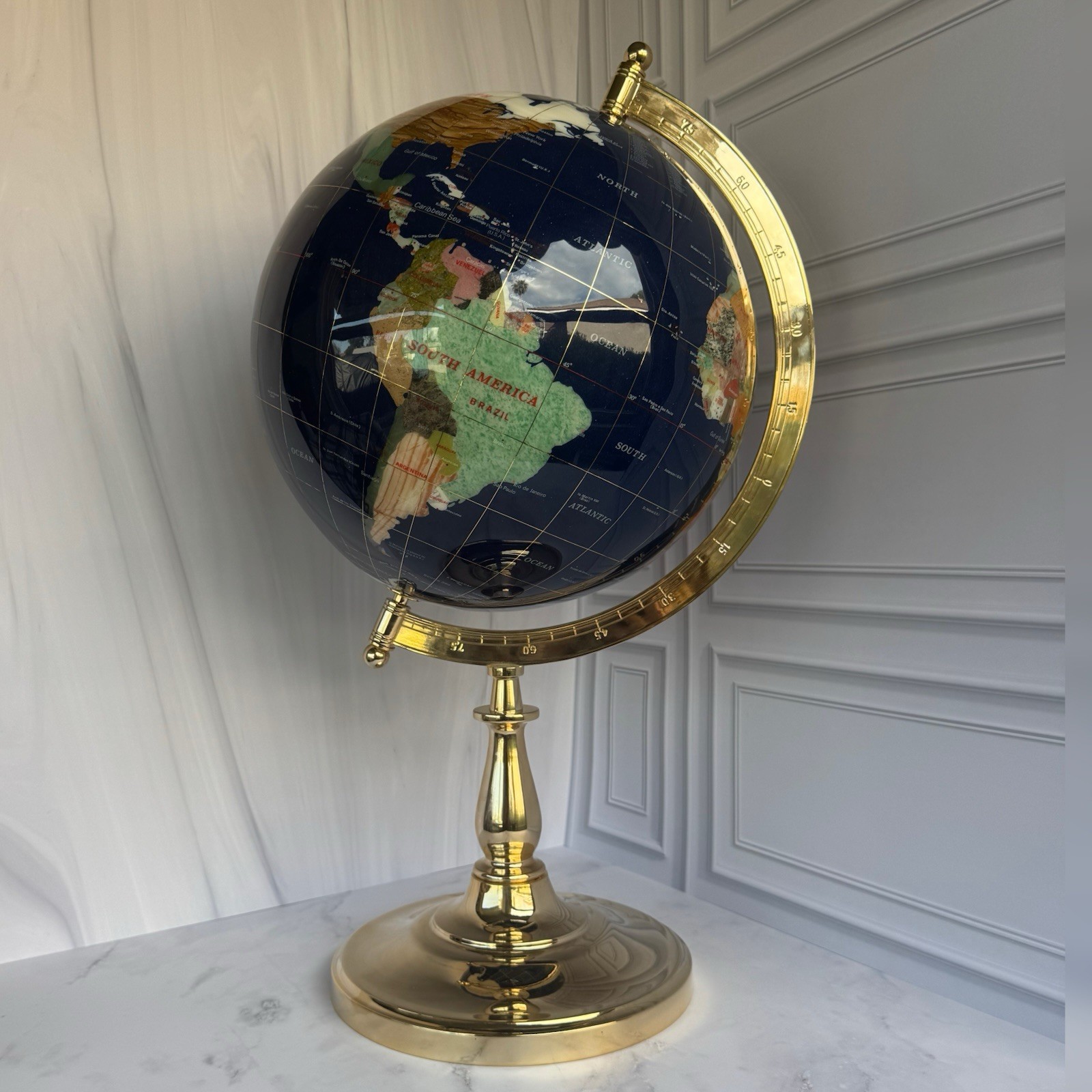 🌍 Large Semi-Precious Stone World Globe on Brass Stand