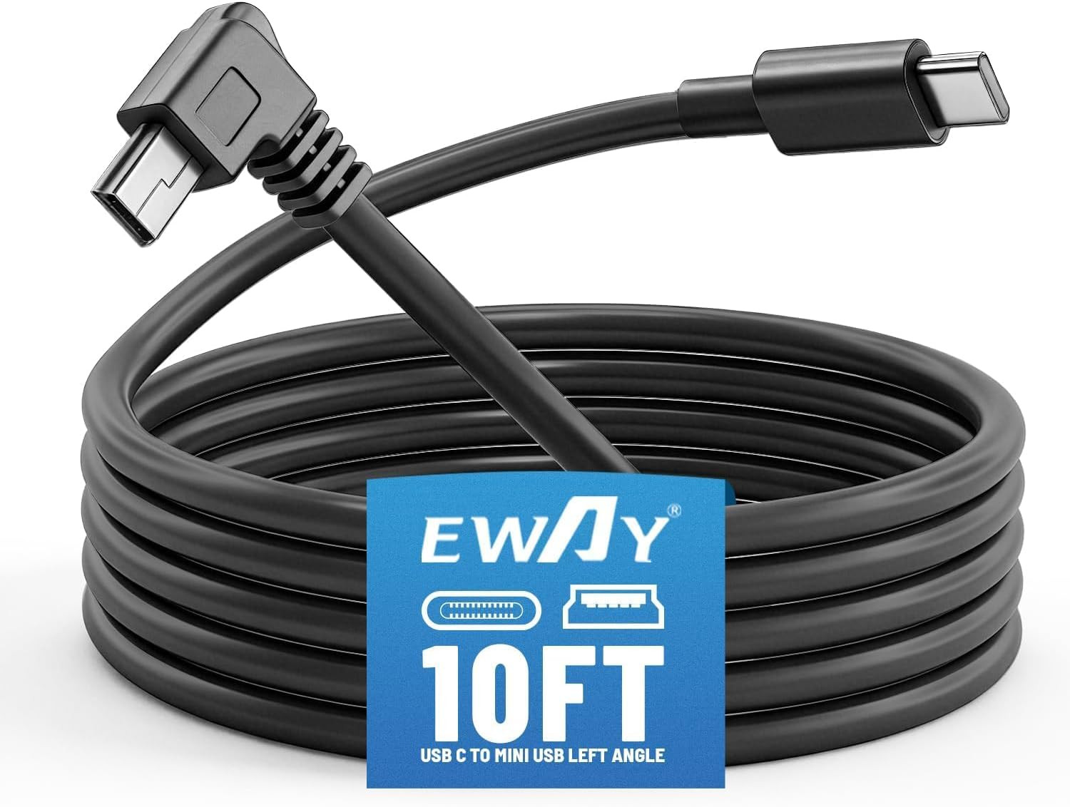 Mini USB Dash Cam Power Cord 10Ft, USB-C to Left Angle Mini-B Cable
