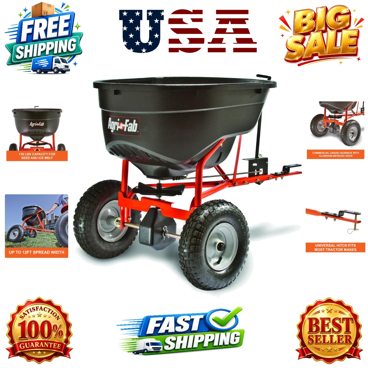 Pull Behind Broadcast Spreader for Seed, Fertilizer, Salt and Ice Melt, 130 l...