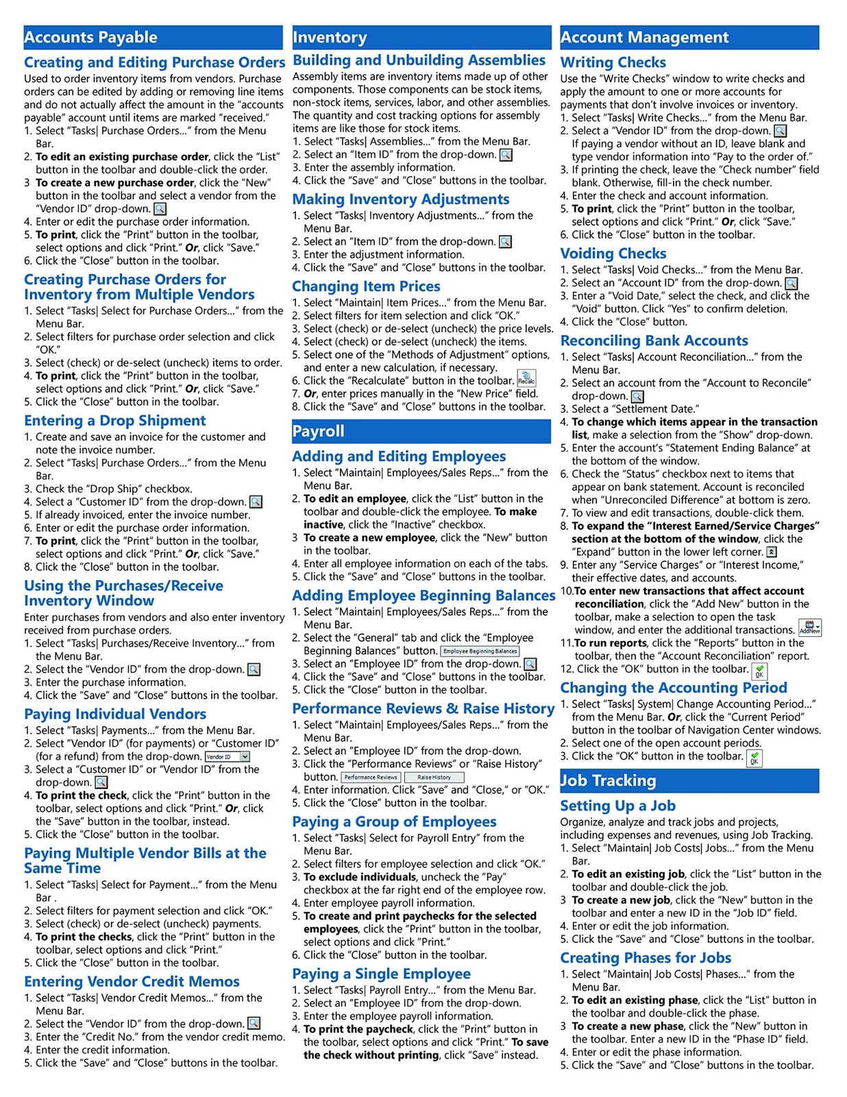 Sage 50 2018 Training Guide Quick Reference Card 4 Page Cheat Sheet Instructions