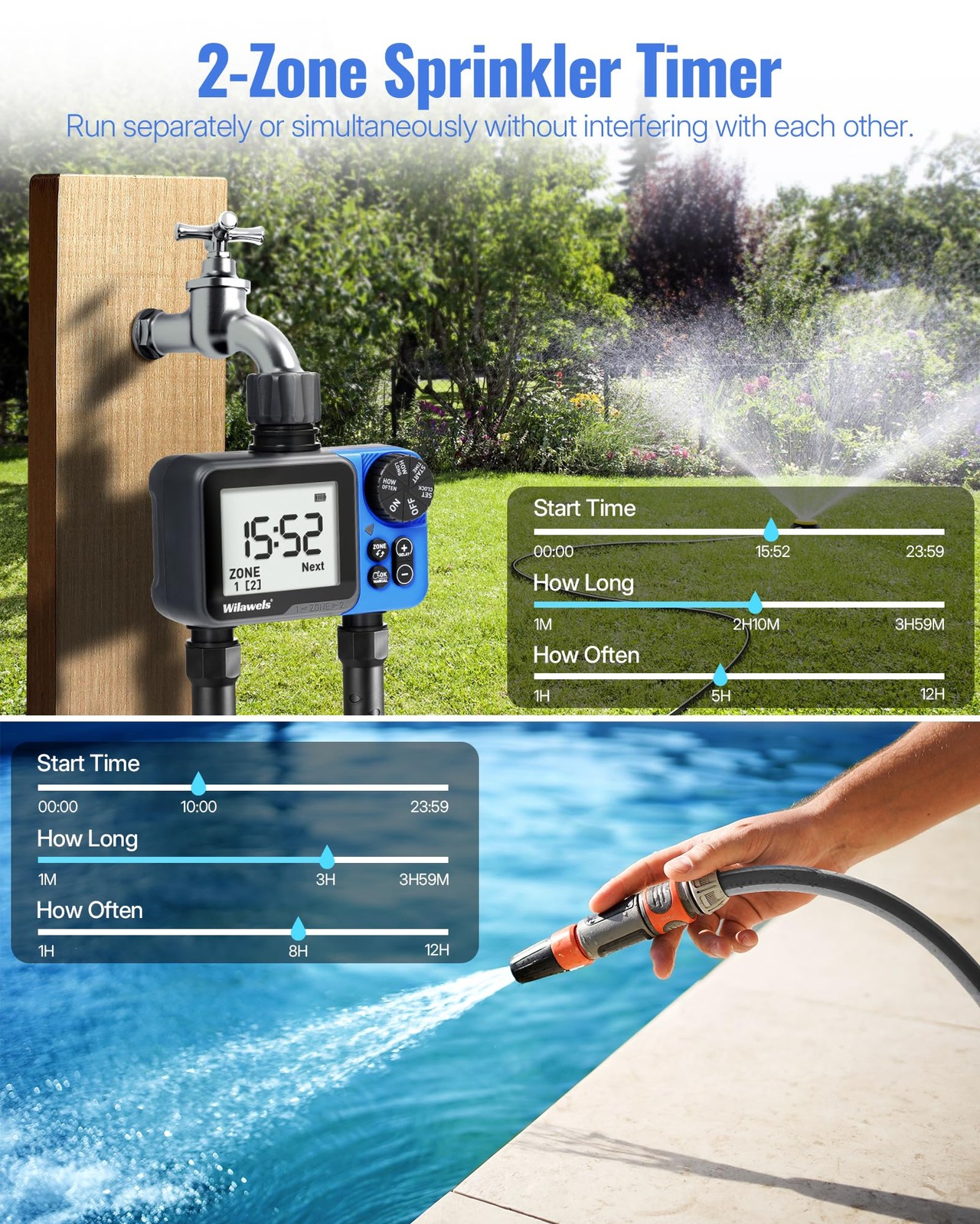 Water Timer for Garden Hose, 2 Zone Sprinkler Timer, Automatic Irrigation Sys...