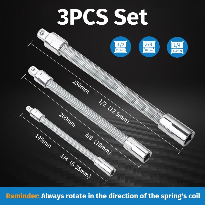 3-Piece Flexible Socket Extension Bar Set 1/2" 1/4" 3/8" Shaft Drive 10" 8" 6"