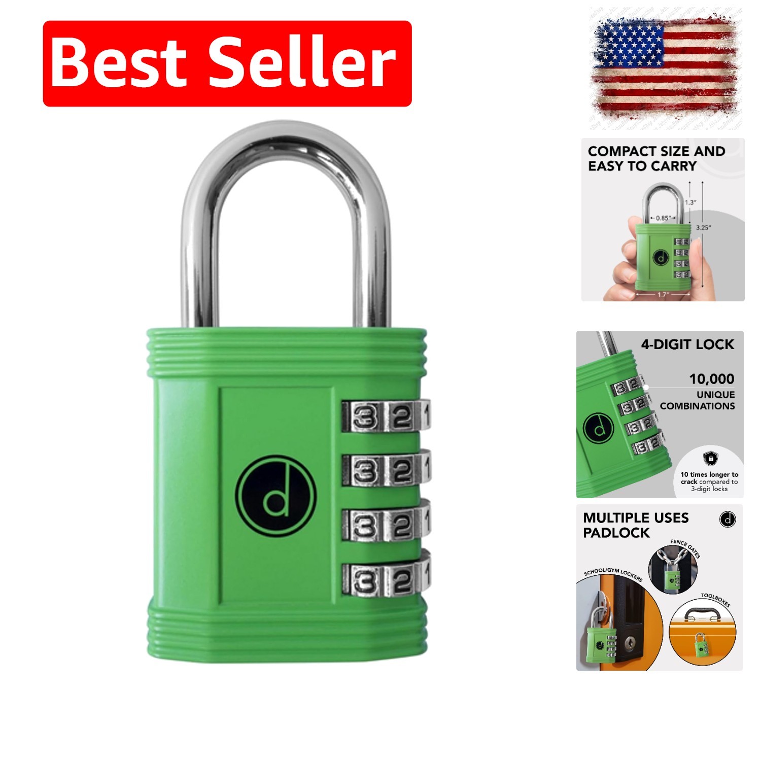 4-Digit Keyless Combination Padlock - Weatherproof Security in Green, Ideal f...