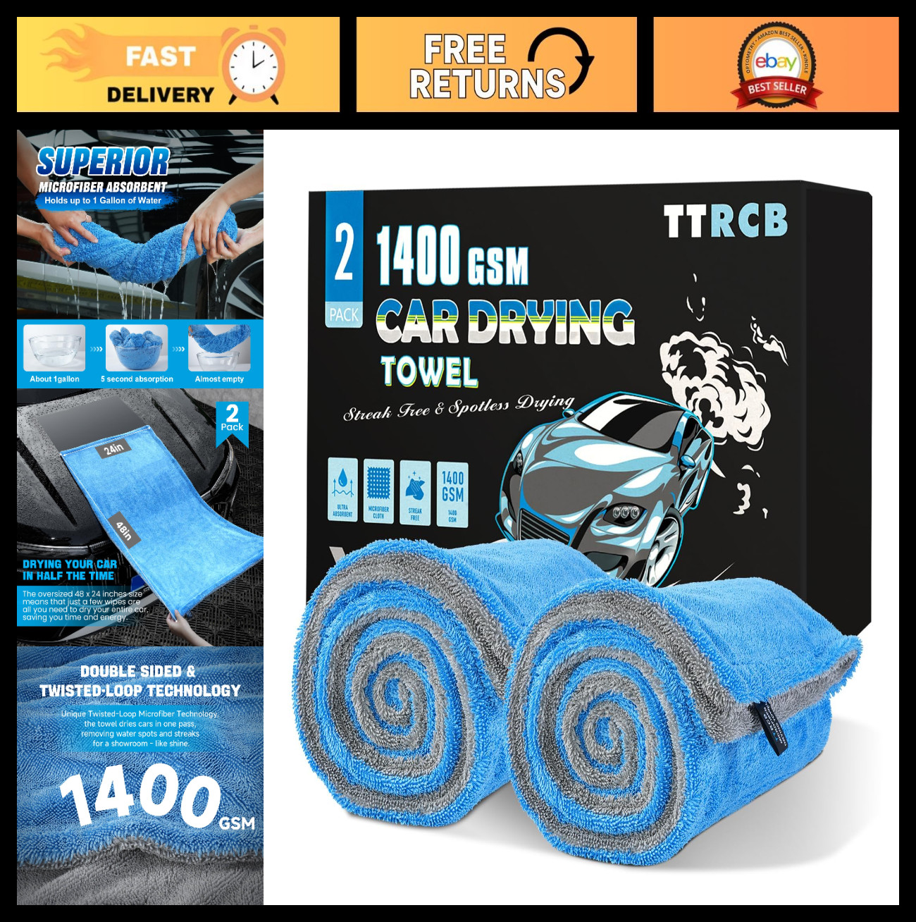 Extra Large Microfiber Car Drying Towels 2 Pack - 48"x24", 1400 GSM, Streak-Free