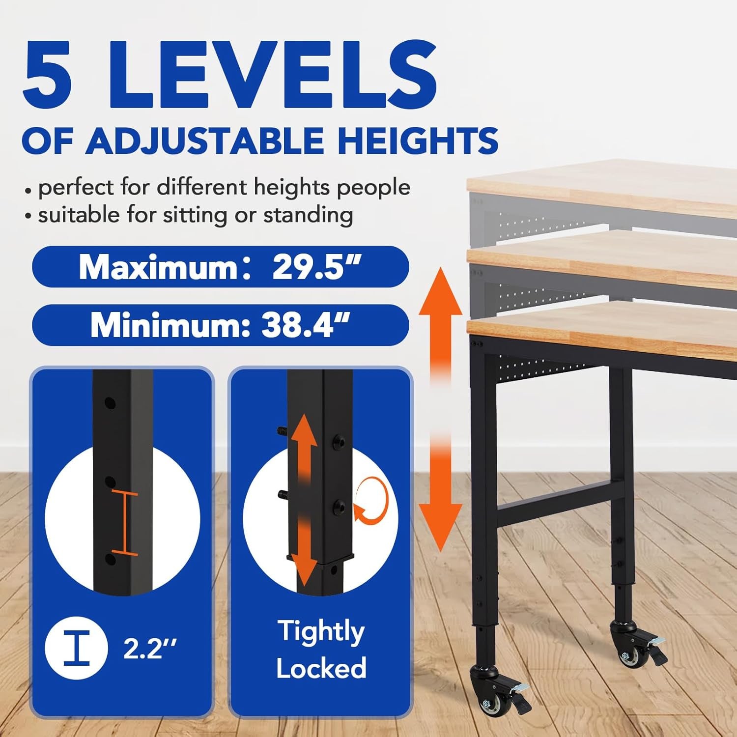Adjustable Height Workbench 72"L x 25"W Work Bench Table w/ Power Outlets 2000 L