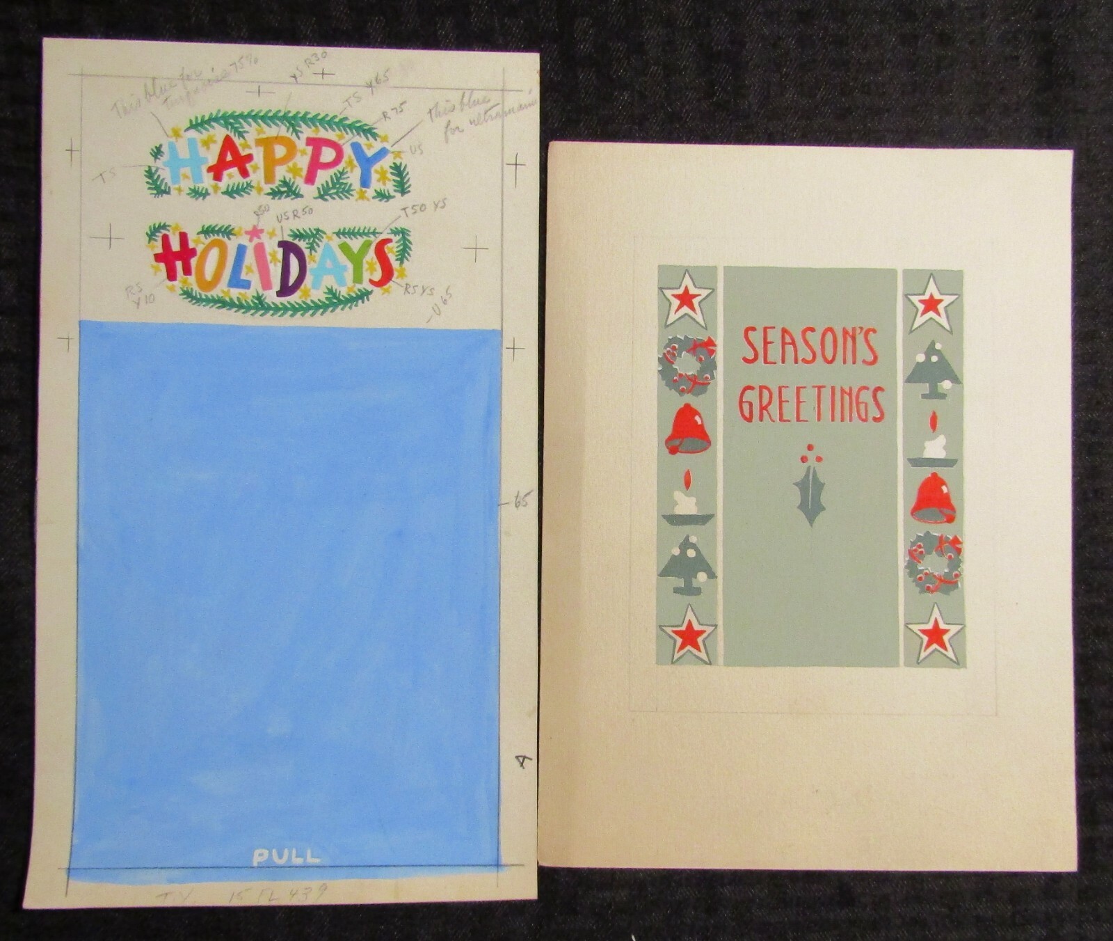 HAPPY HOLIDAYS with Stars Bells & Candles 7x10" Greeting Card Art LOT of 2
