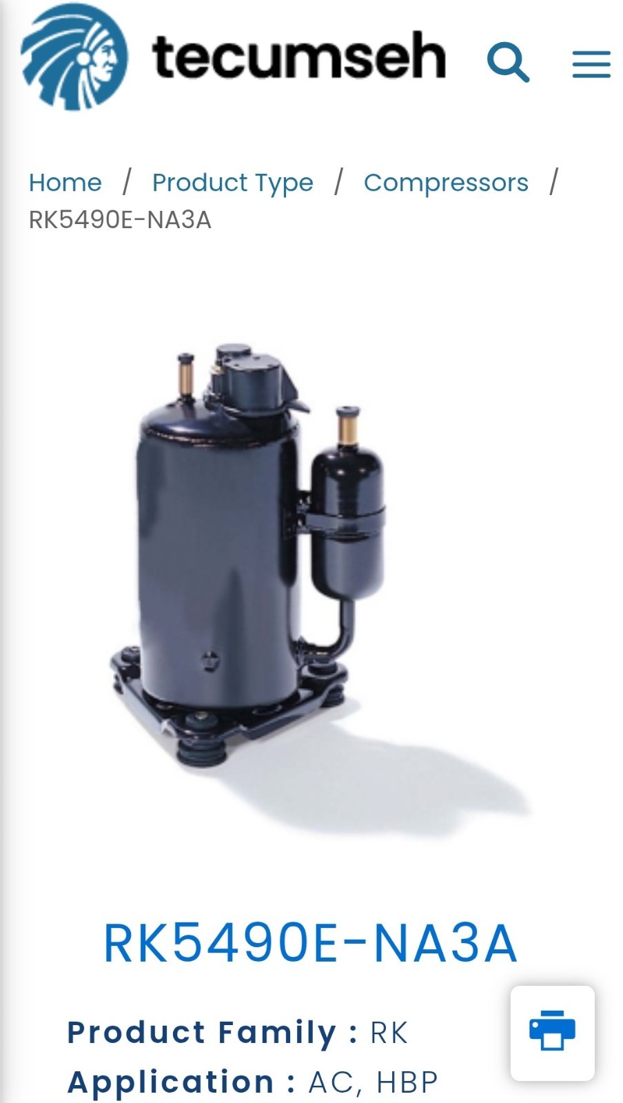 Tecumseh Compressor RK5490E-NA3A NOS