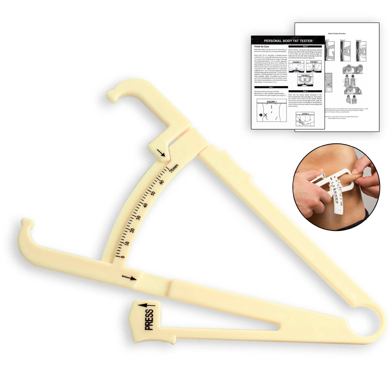 Body Fat Caliper w/Chart Body Mass Measuring Skinfold Tester Fitness Weight Loss