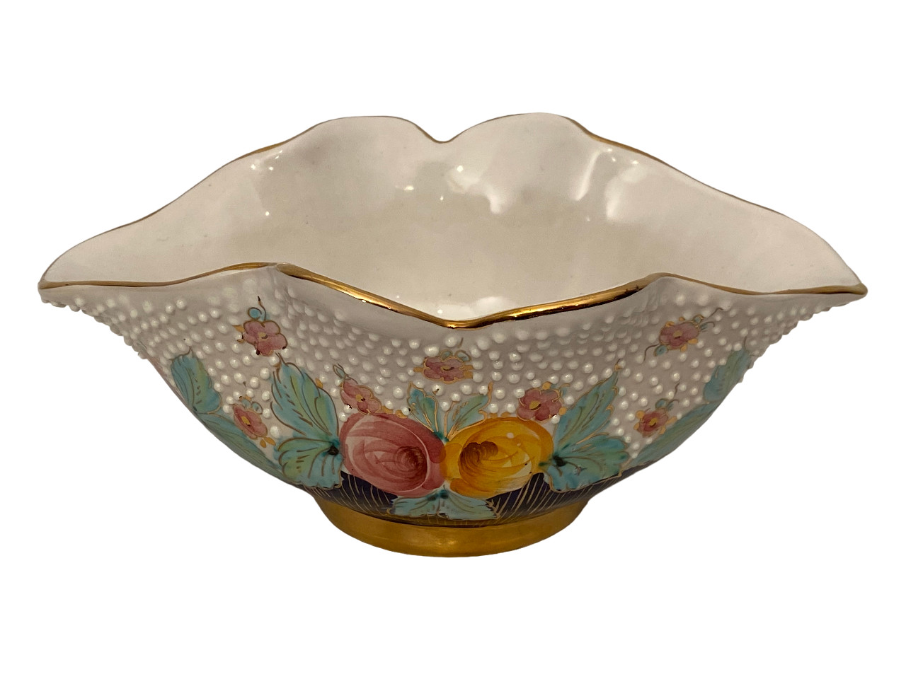 Unbranded Floral & Beaded Gold Rim Scalloped Handpainted Dish Vintage Italy