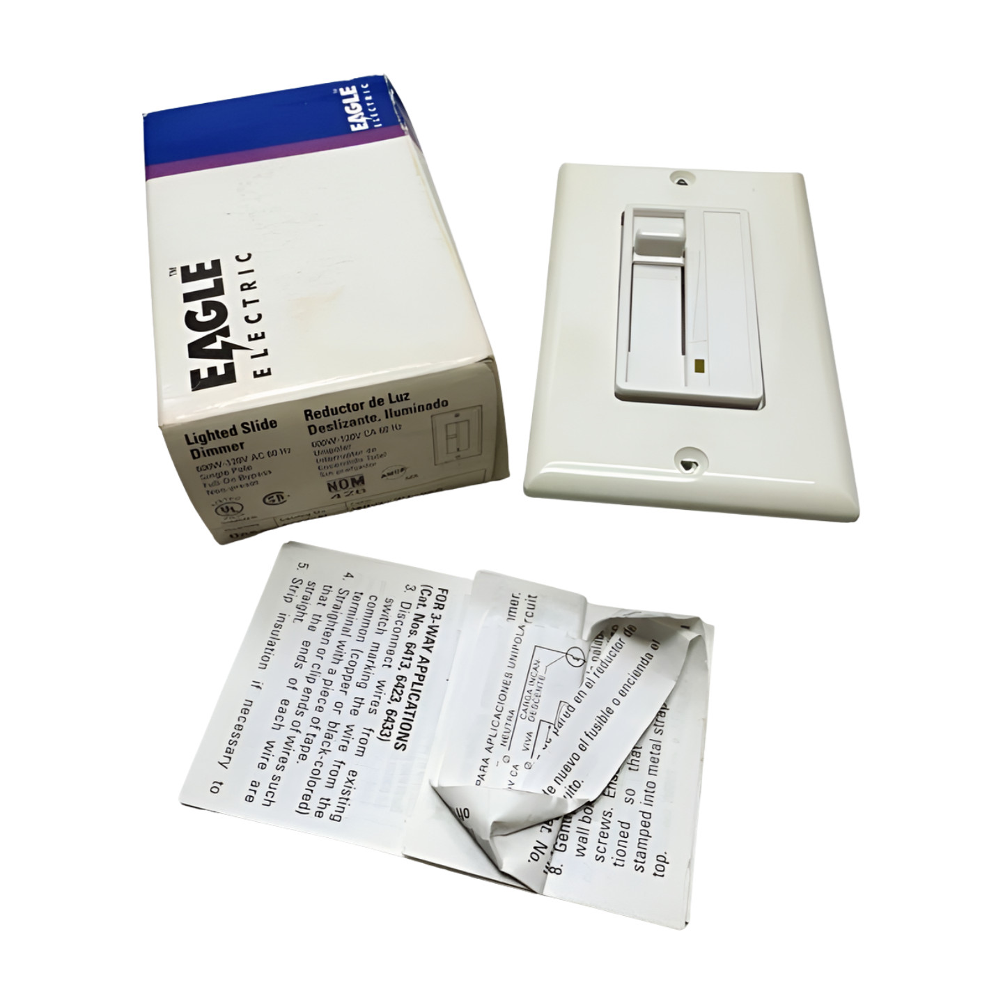Eagle Electric 6431W White Lighted Slide Dimmer, Single Pole, 600W *Please Read*