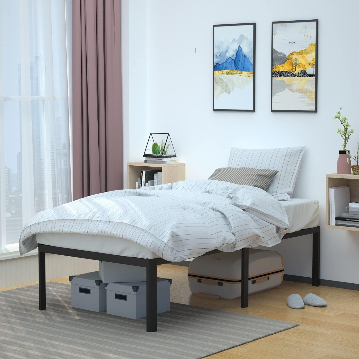 Heavy Duty Non-Slip Bed Frame W/ Steel Slats Easy Assembly 18" H Full Black