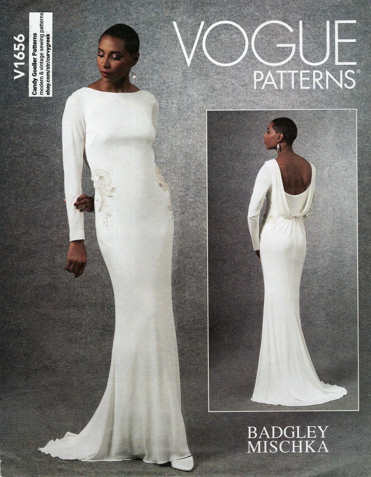 Vogue V1656 BADGLEY MISCHKA Formal Pleated-Back Drape Dress w Train Sz 14-22