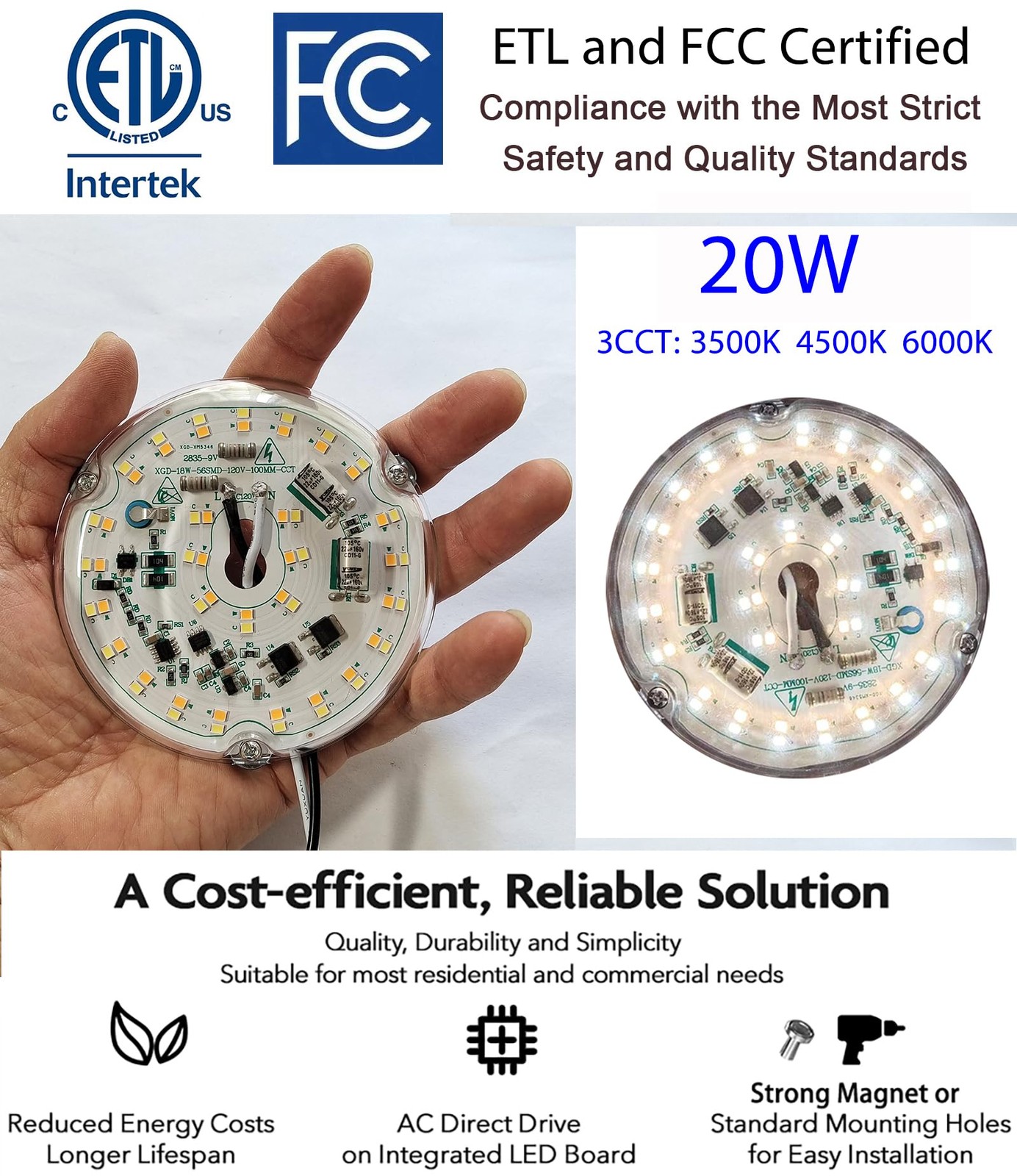 20W 4'' Ceiling Fan Light Retrofit Kit, Ceiling Light Module Board Bulb, 3CCT...