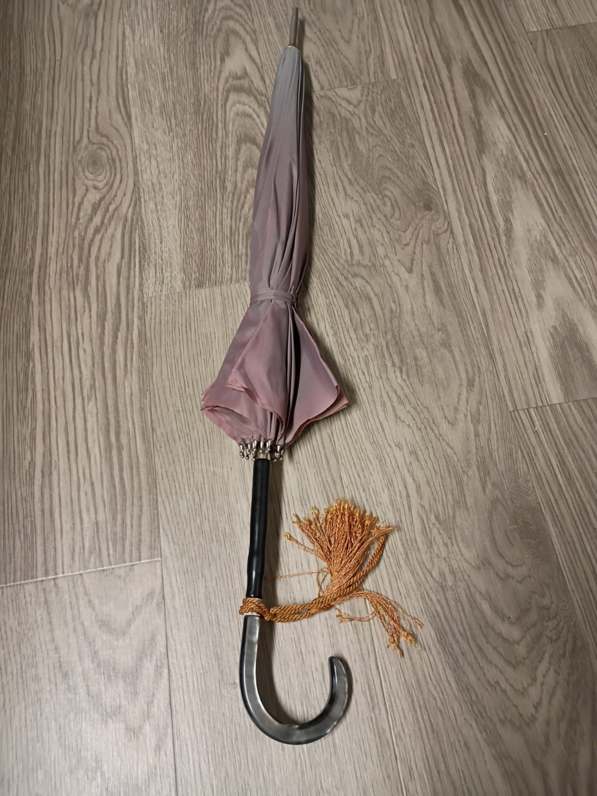 Vintage Mid Century Parasol Black Swirled Lucite Cane Handle Purple Gray Shift