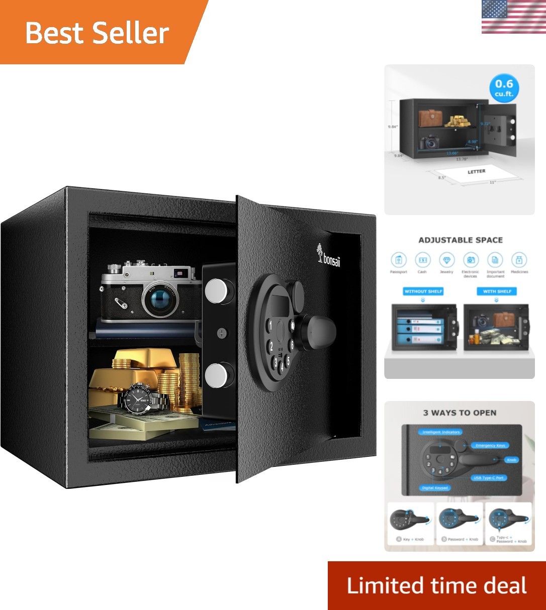 Safe, 0.6 Cubic Safe Box with Electronic Keypad, Removable Shelf, for Valuabl...